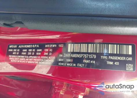 2023 Alfa Romeo Giulia Ti Rwd from USA, damaged, VIN ZARFAMBN5P7671579